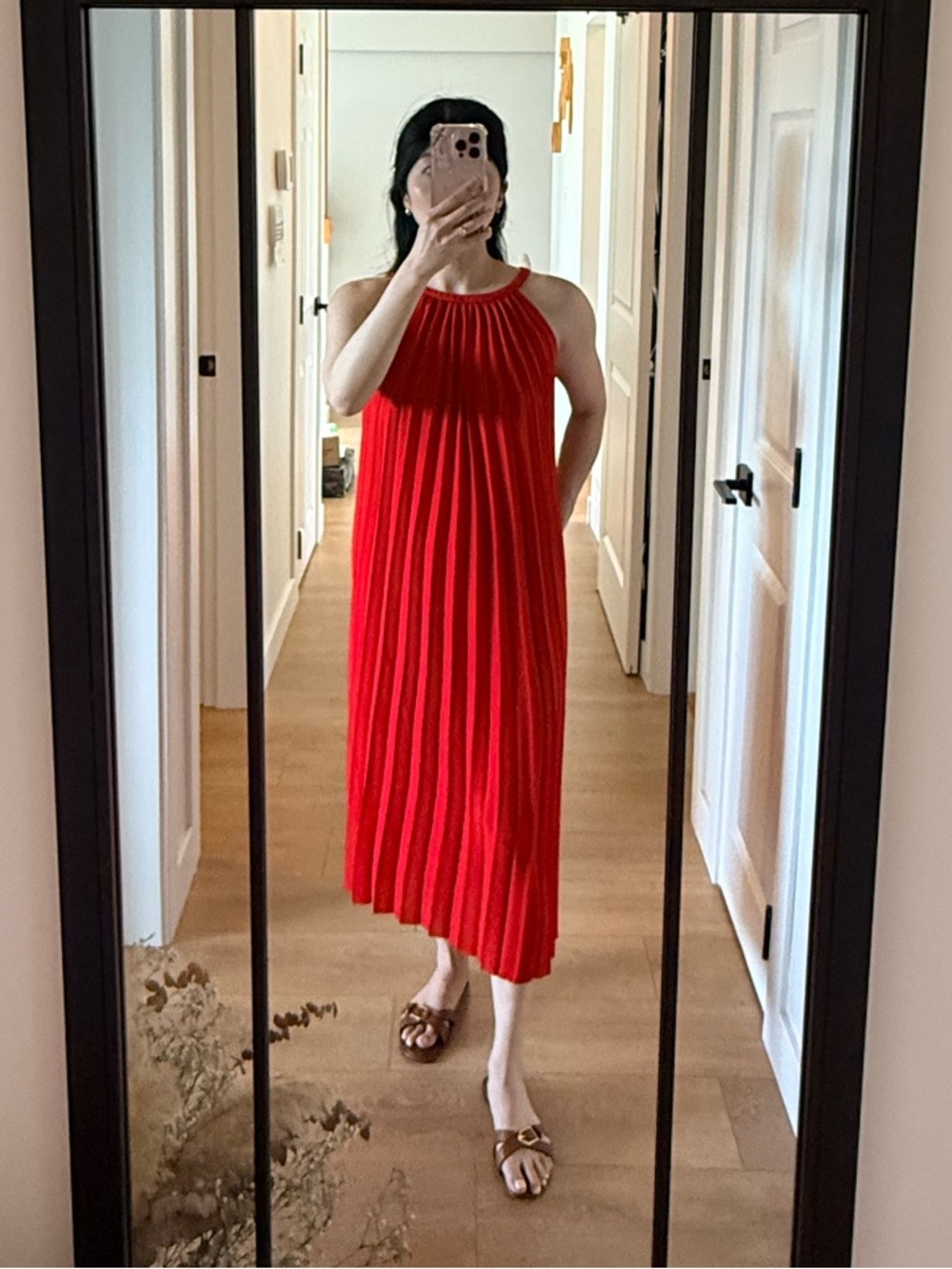 Red Pleated Halter Midi Dress
